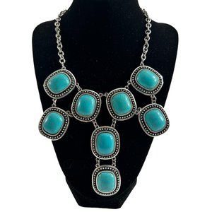 Silver Tone Faux Turquoise Bib Necklace 19" Adjustable Southwestern